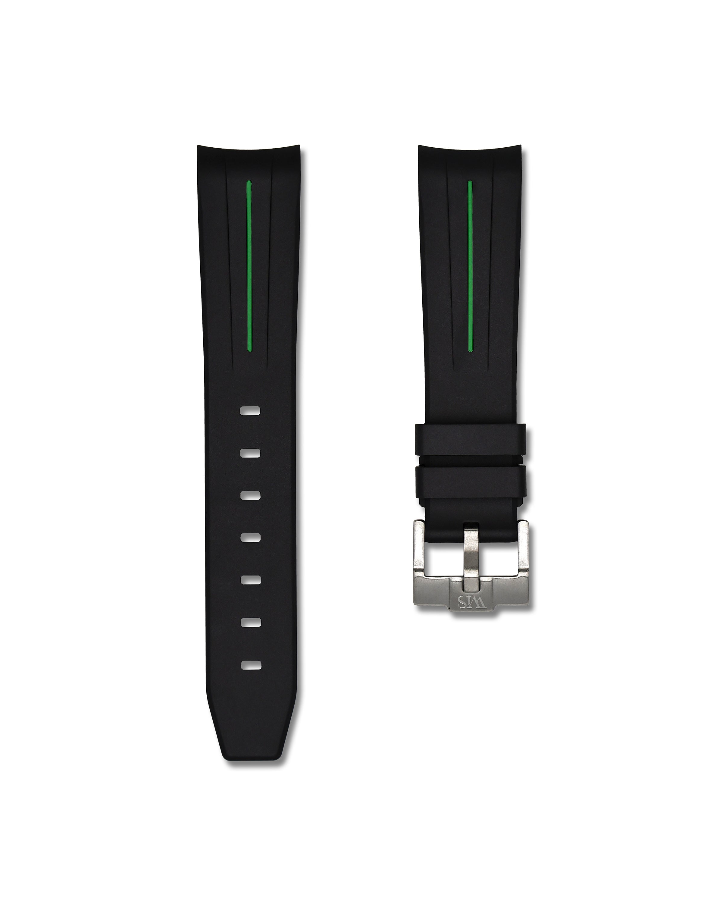 20mm Black Rubber Integrated Watch Strap with Green Stripe | WIS Watch Straps