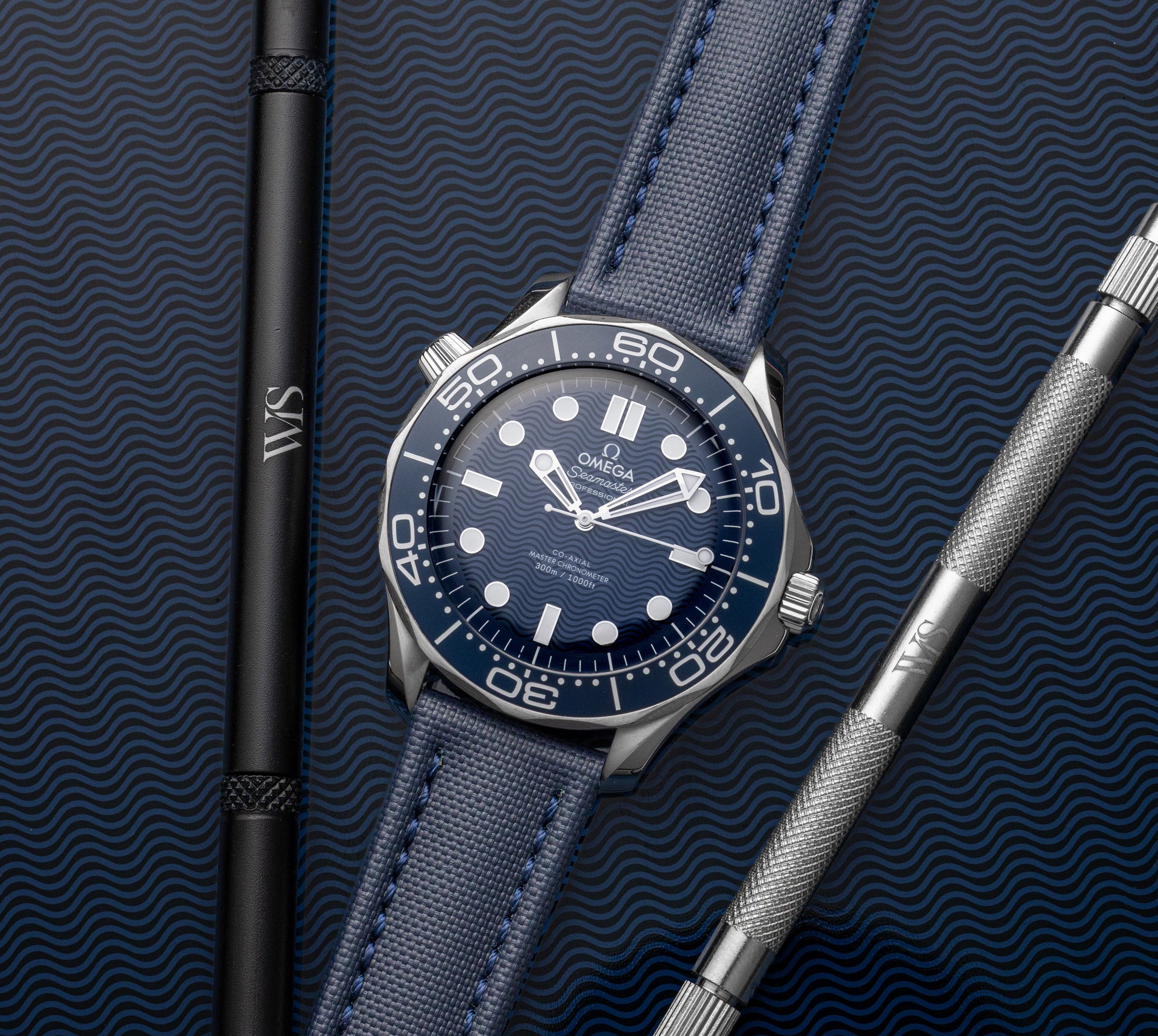 Omega Seamaster on WIS Watch Straps Blue Sailcloth Watch Strap