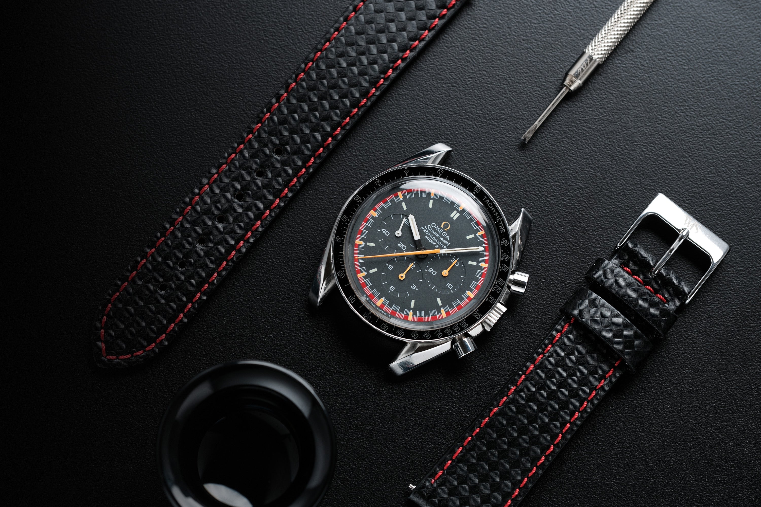 Carbon Fiber Red Stitched Leather Watch Strap 22mm