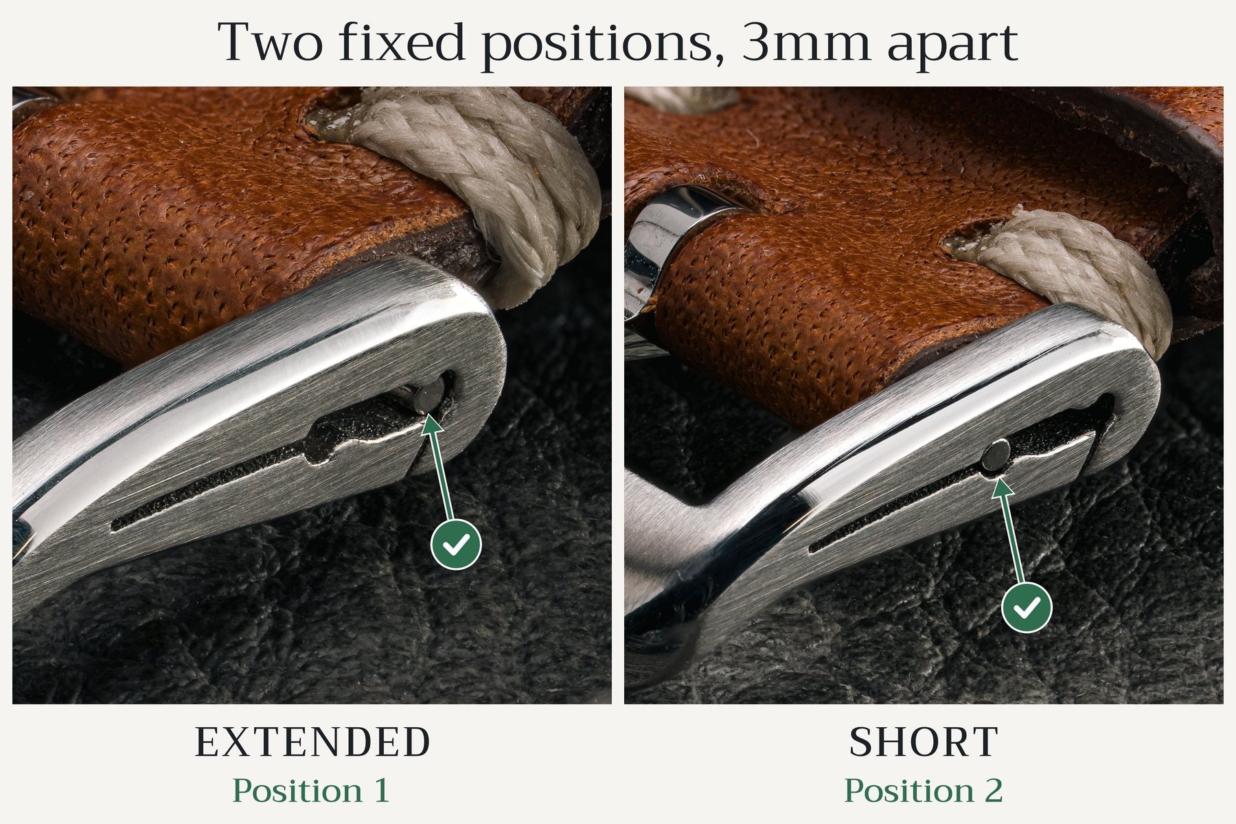Fitwell micro-adjust buckle in its two positions, extended and short