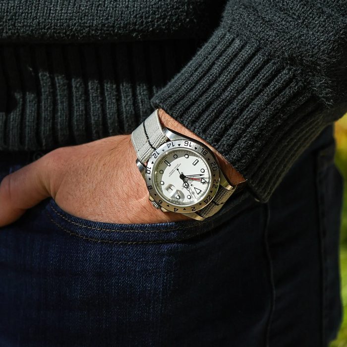 An elastic WIS watch strap on a Rolex Explorer II
