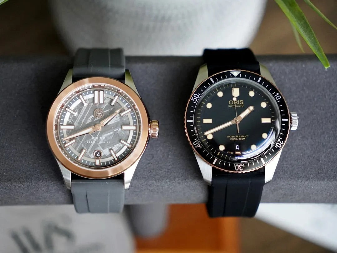Ohav and Oris on Grey and Black Rubber Straps