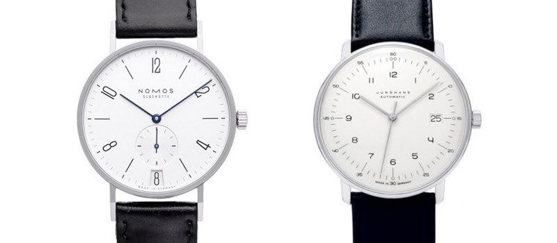 Comparison images of Junghans Max Bill and Nomos Tangente watches