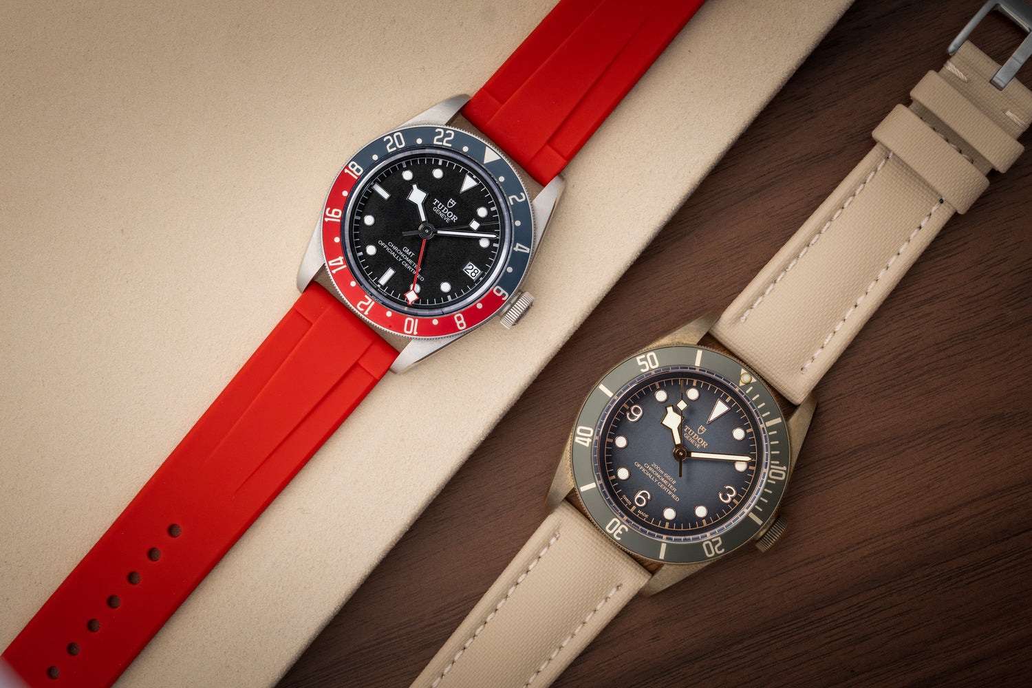 Tudor Watches on Red Rubber and Tan Sailcloth Straps