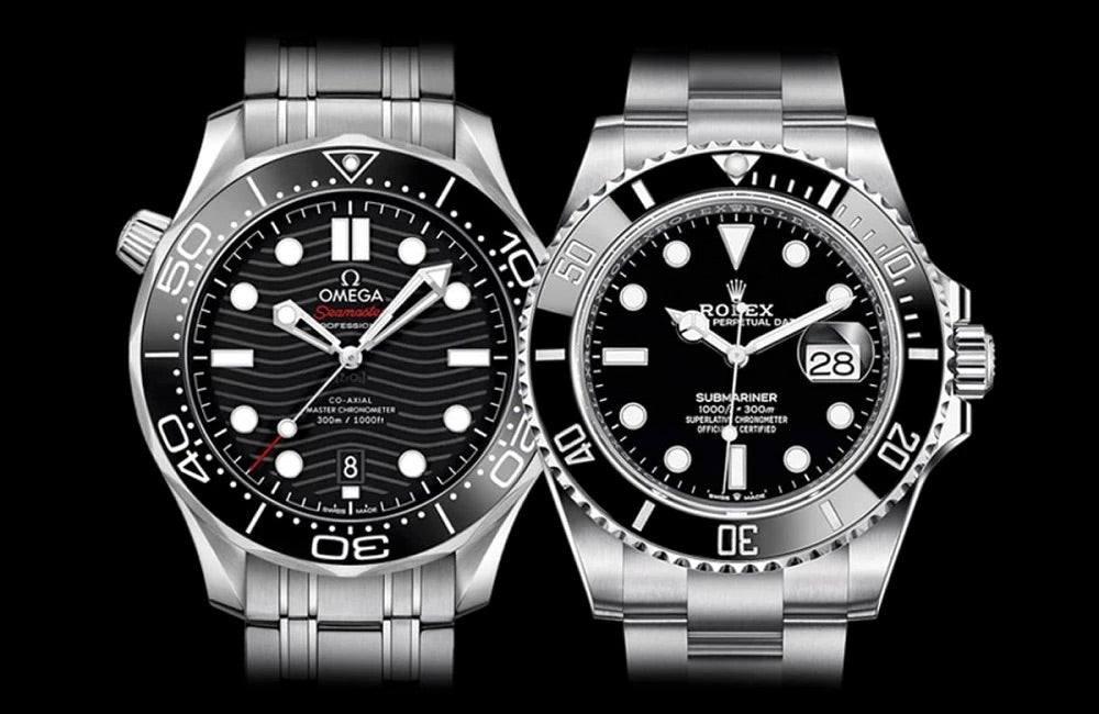 Omega and Rolex black dial watches on metal bracelets