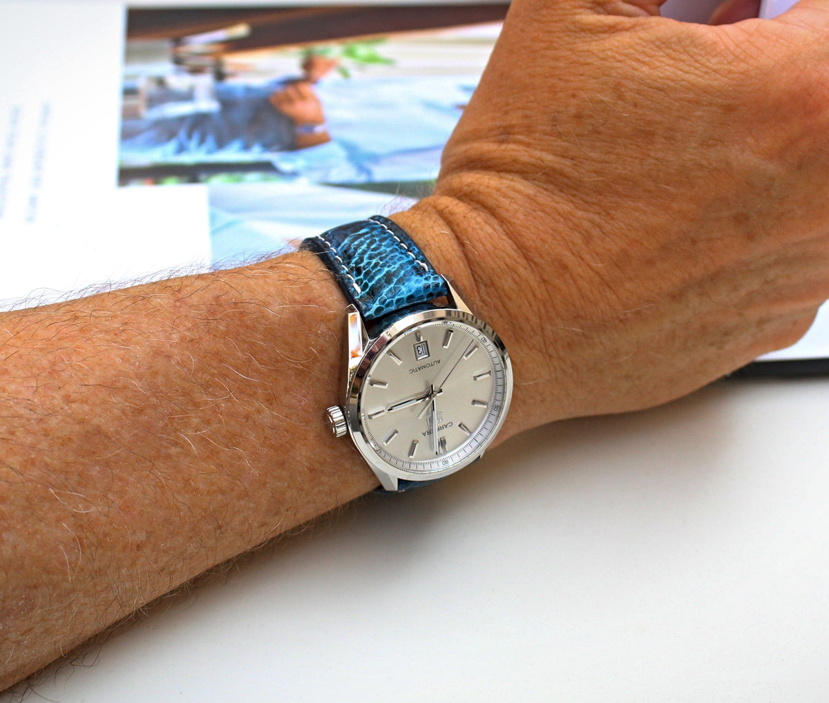 Breakers Blue Ostrich Leather Strap on Tag Carrera 