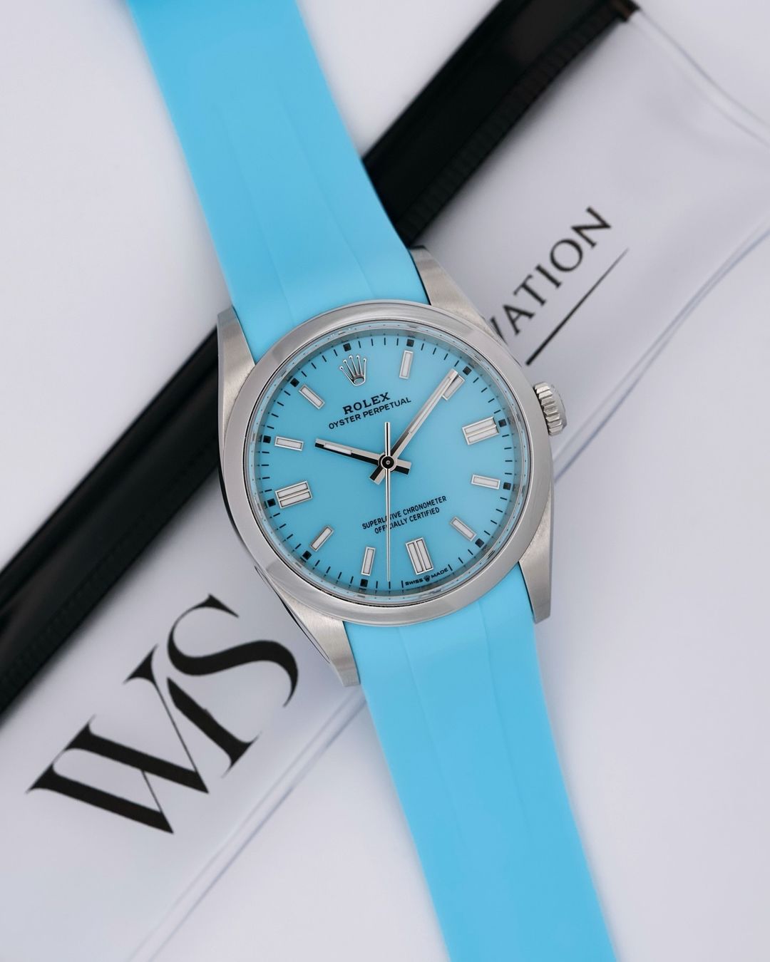 Blue Dial Rolex Oyster Perpetual on Miami Blue WIS Watch Straps