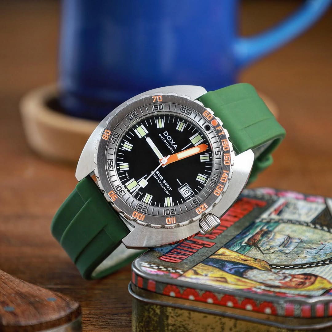 a great Doxa watch sporting a Forest Green silicone rubber strap from WIS watch straps