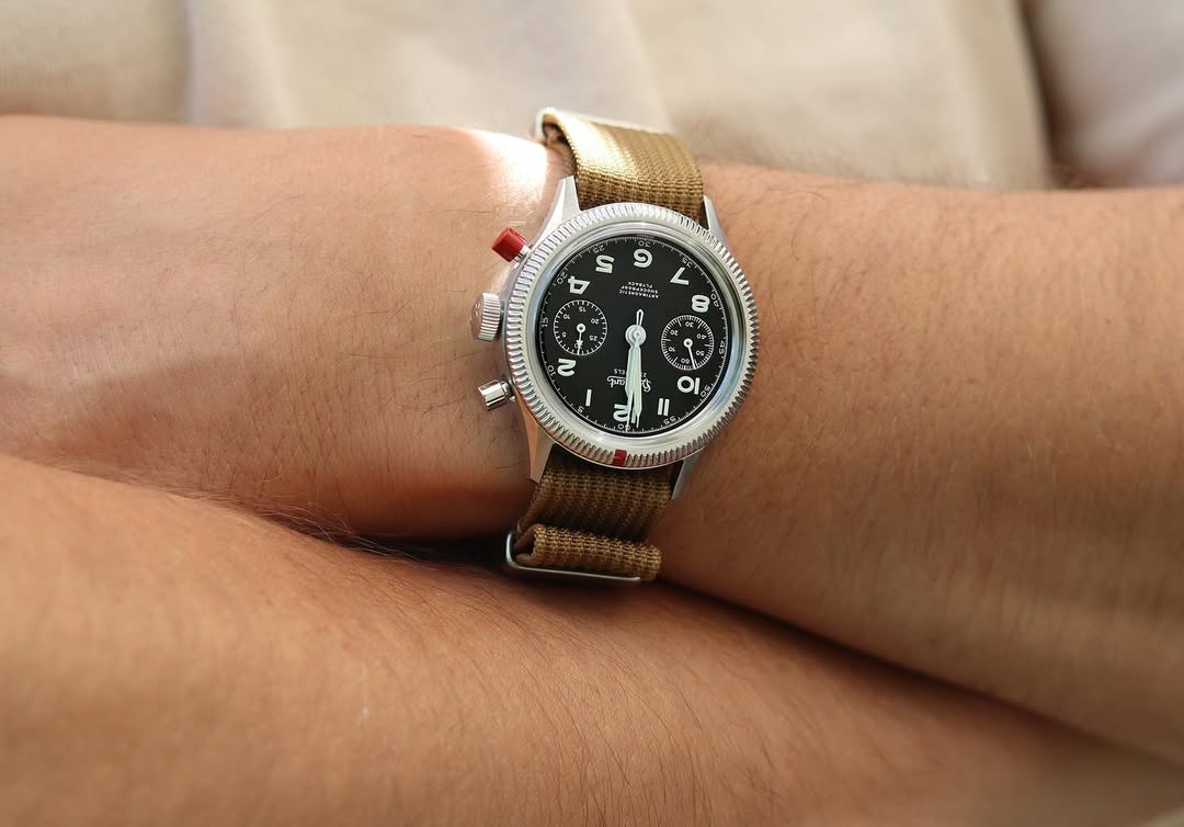 great field watch on a tan woven nylon strap from WIS watch straps