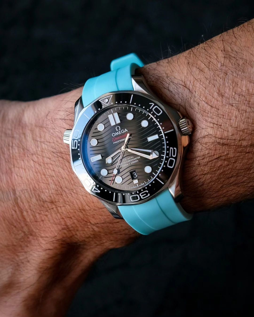 Omega Seamaster on WIS Straps Glacier Blue Rubber Integrated Watch Band