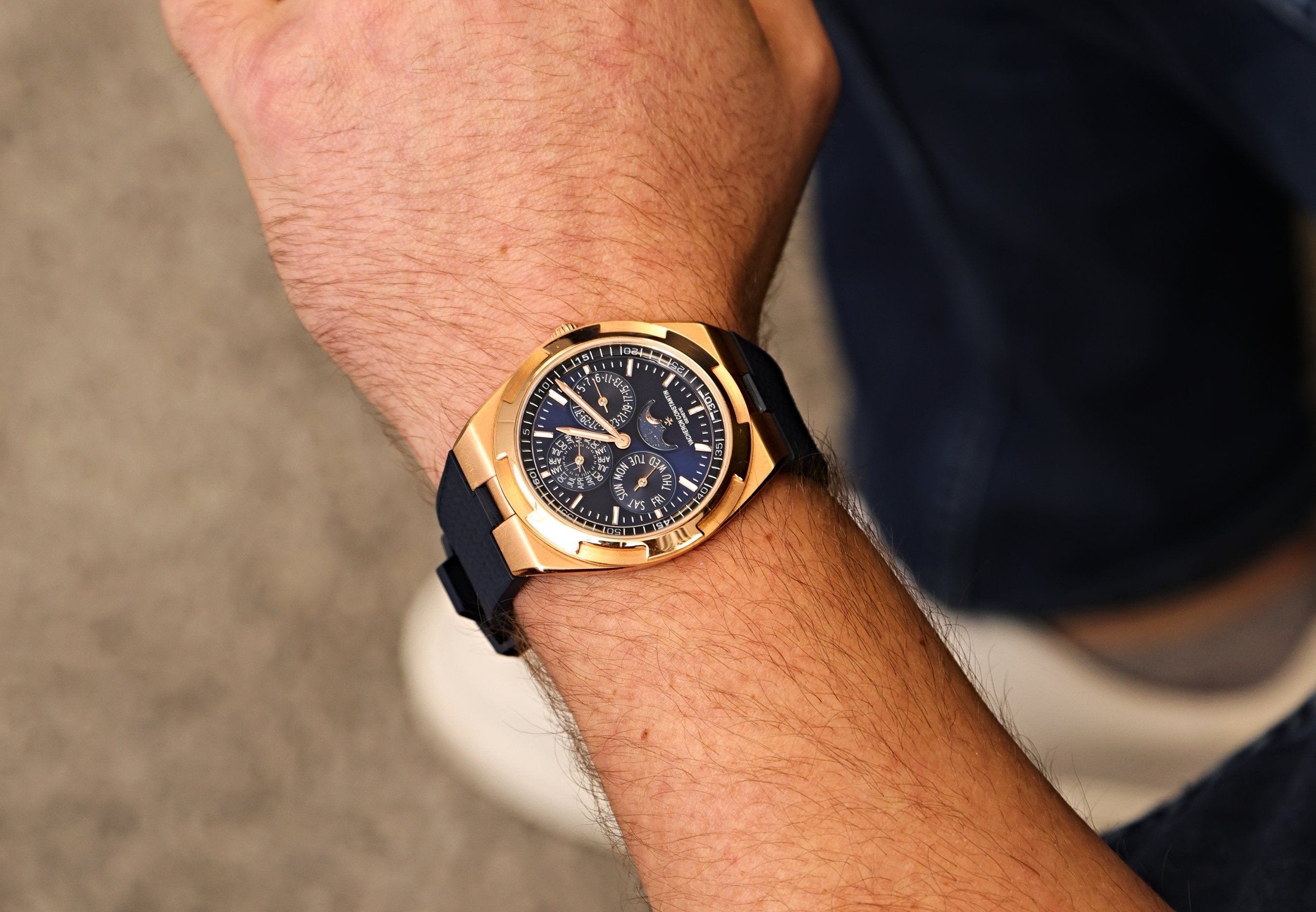 Vacheron Constantin Overseas Rose Gold Blue Dial Perpetual Calendar on WIS Watch Straps Blue Rubber Quick Release Strap 