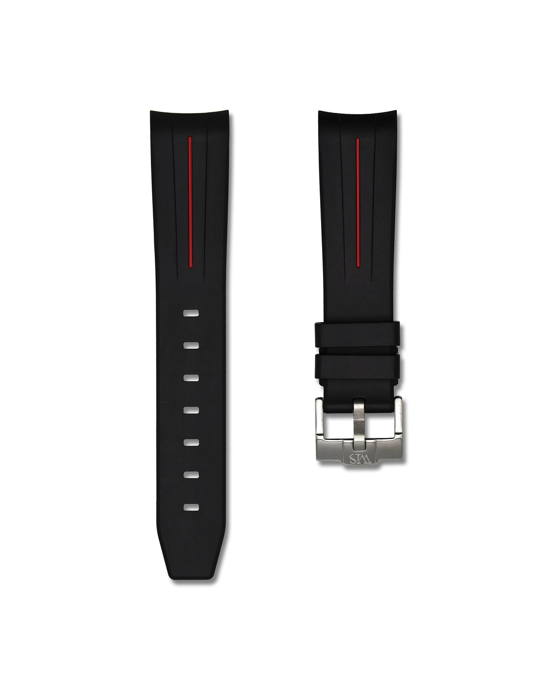 20mm Black Rubber Integrated Watch Strap with Red Stripe | WIS Watch Straps