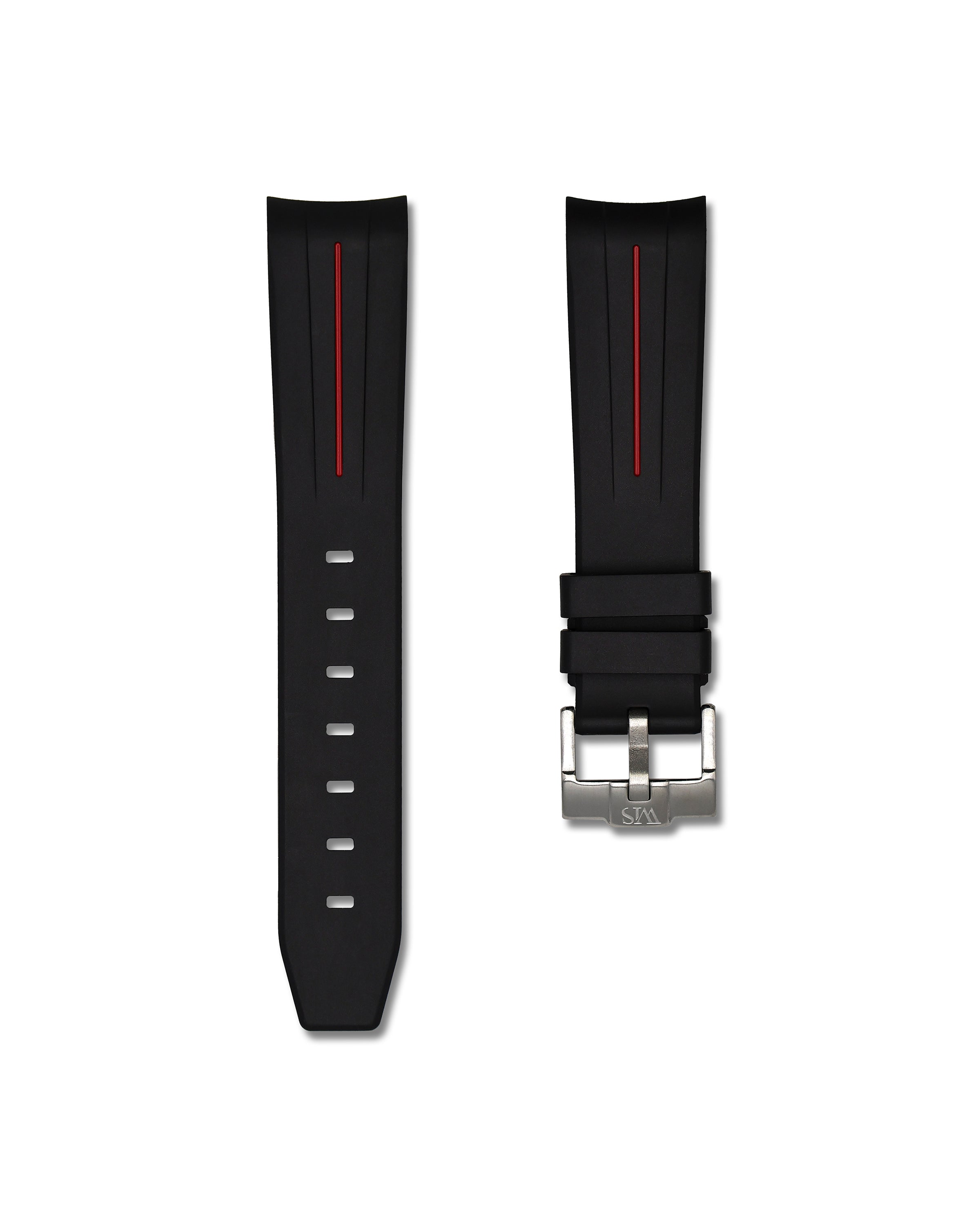 20mm Black Rubber Integrated Watch Strap with Red Stripe | WIS Watch Straps