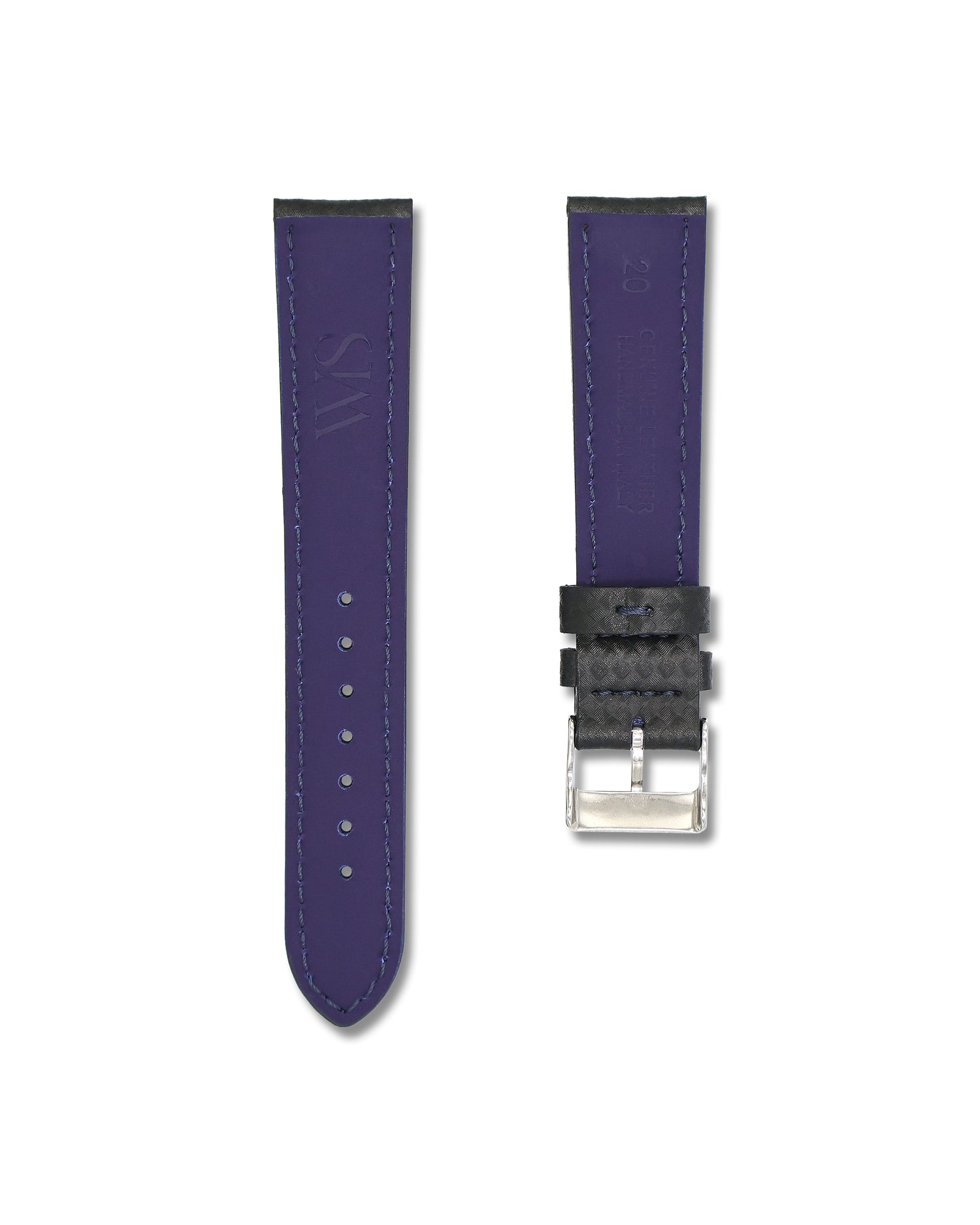 20mm Carbon Fiber Leather Blue Stitched Watch Band | WIS Watch Straps