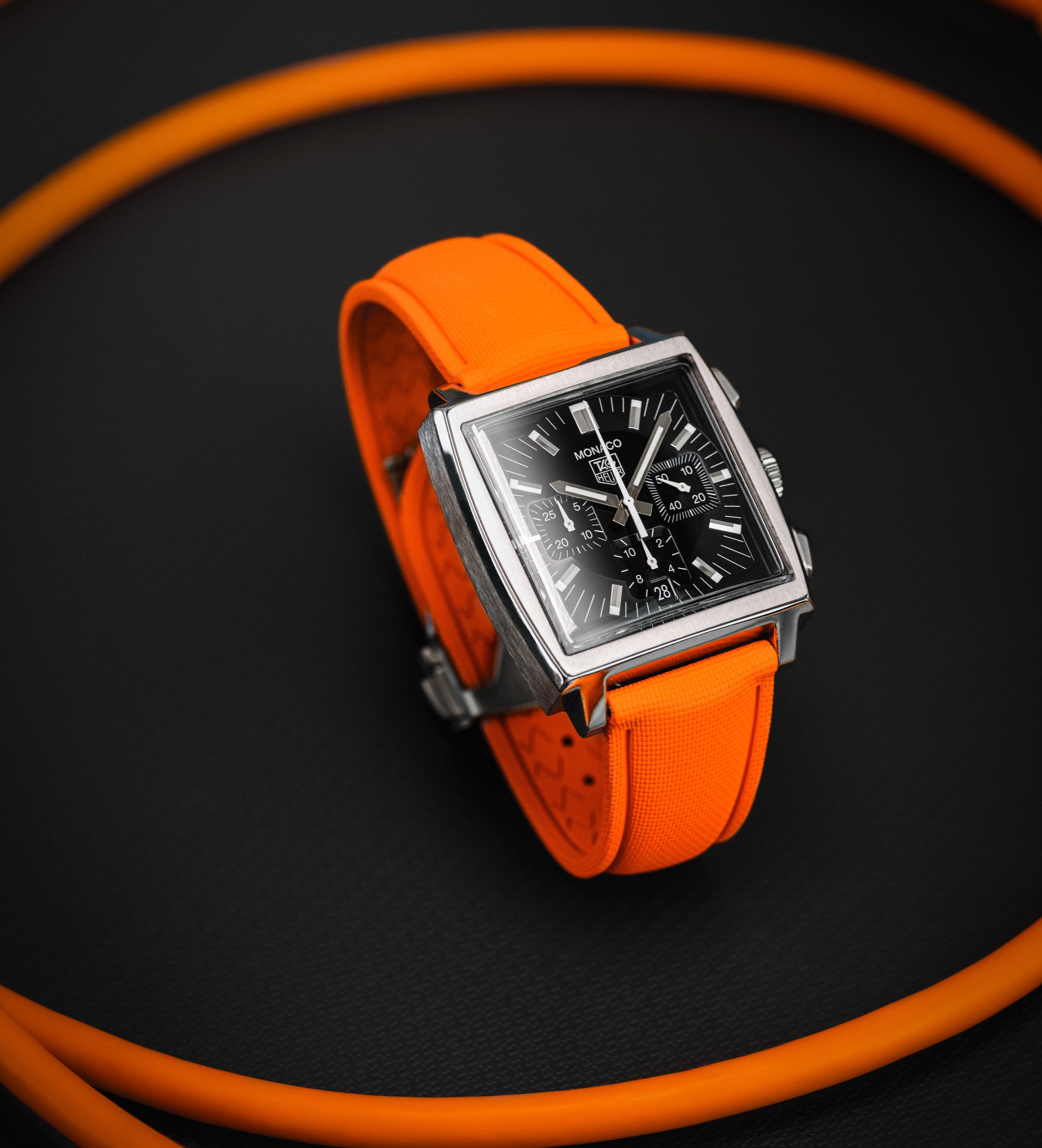Orange Sailcloth Deployant Clasp Watch Strap on TAG Heuer Monaco | WIS Watch Straps 