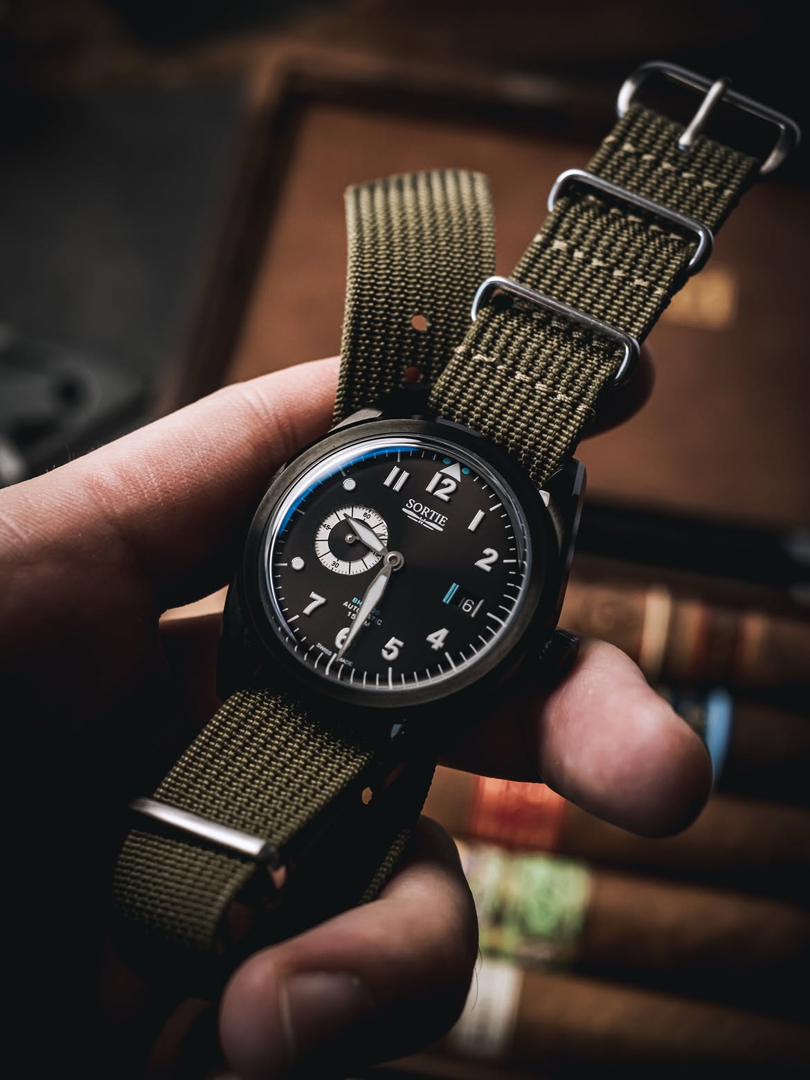 Sortie Timepiece on WIS Watch Straps Green Nato Nylon Watch Band