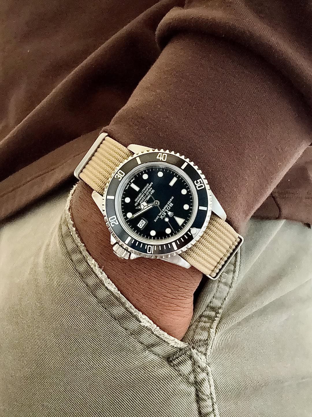 Tan Woven Nylon Watch Bands on Rolex Explorer | WIS Watch Straps