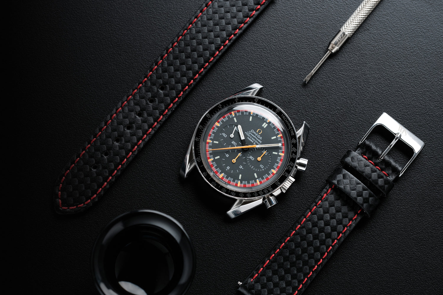 Carbon Fiber Red Stitched Leather Watch Strap 22mm