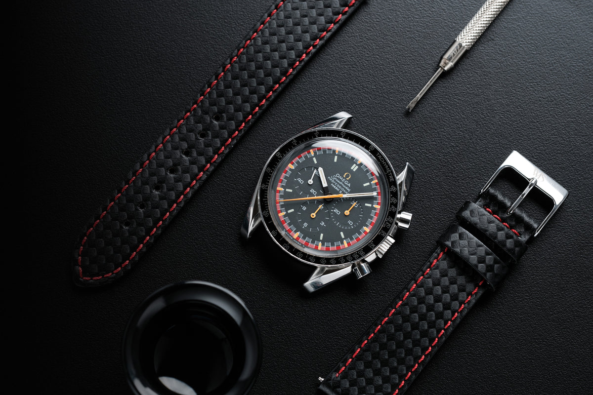 Carbon Fiber Red Stitched Leather Watch Strap 22mm