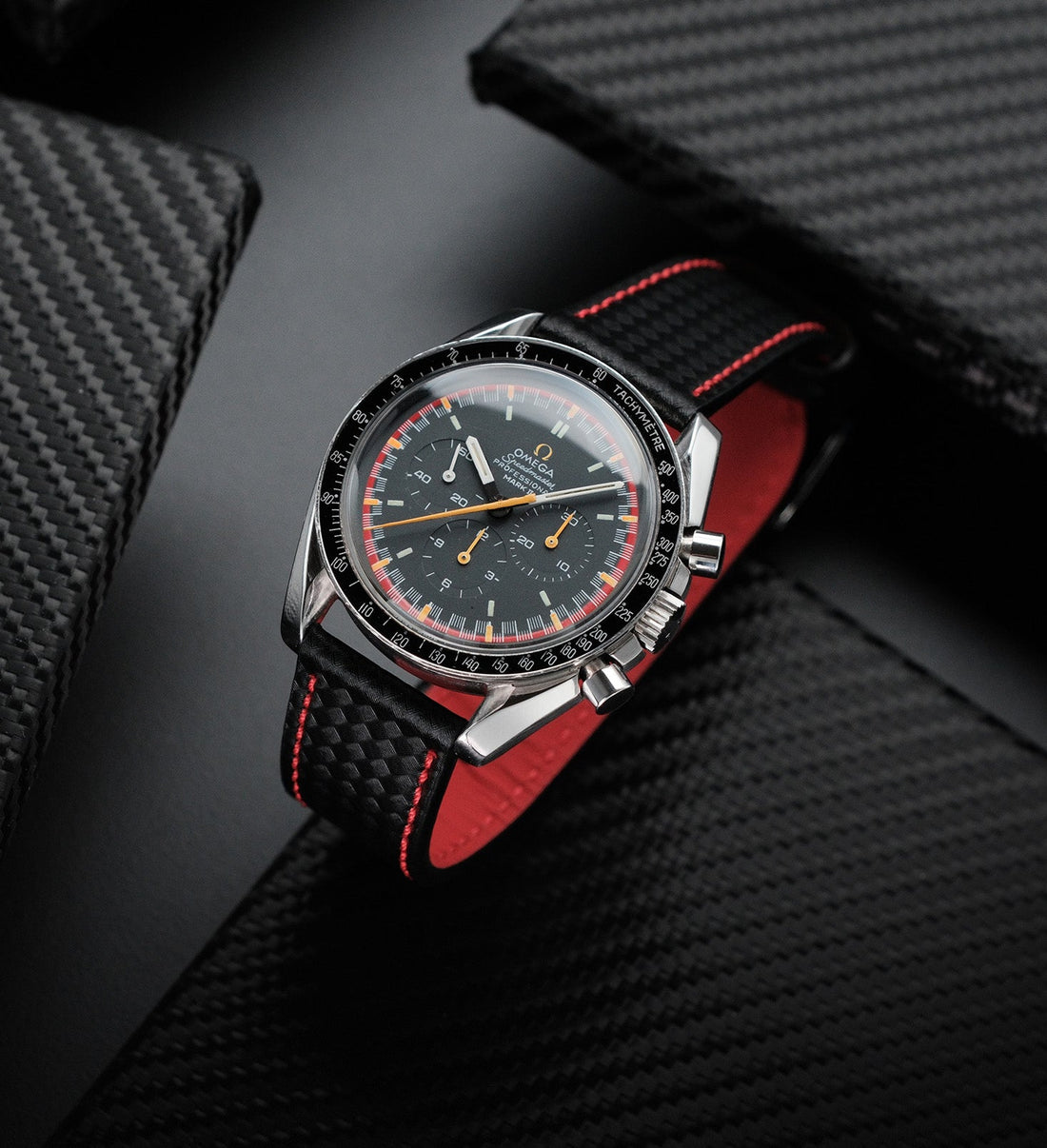 Carbon Fiber Watch Strap Red Stitching 20mm on Omega Speemaster | WIS Watch Straps