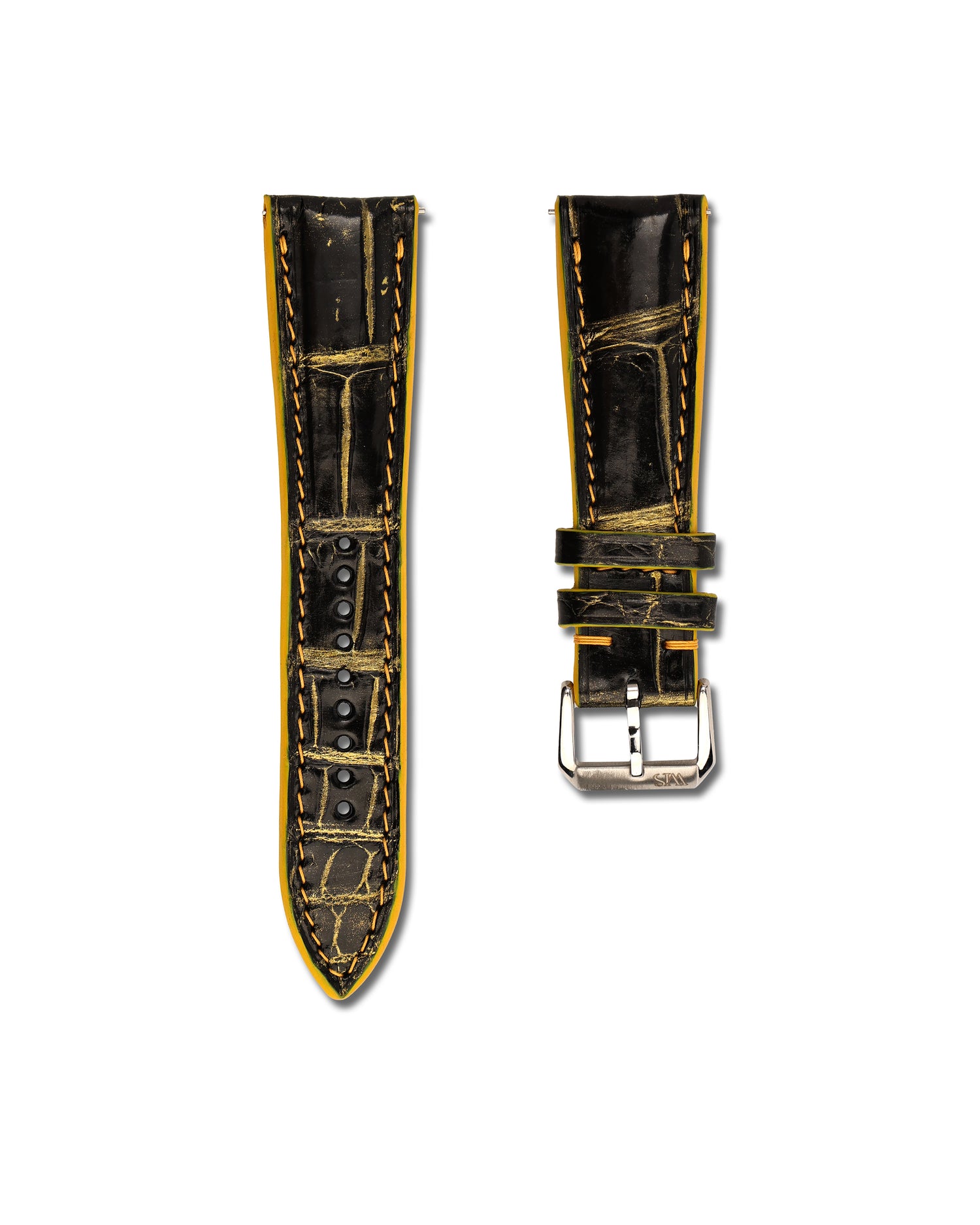 Black Alligator Leather Watch Band with Yellow and Gold Tone | WIS Watch Straps