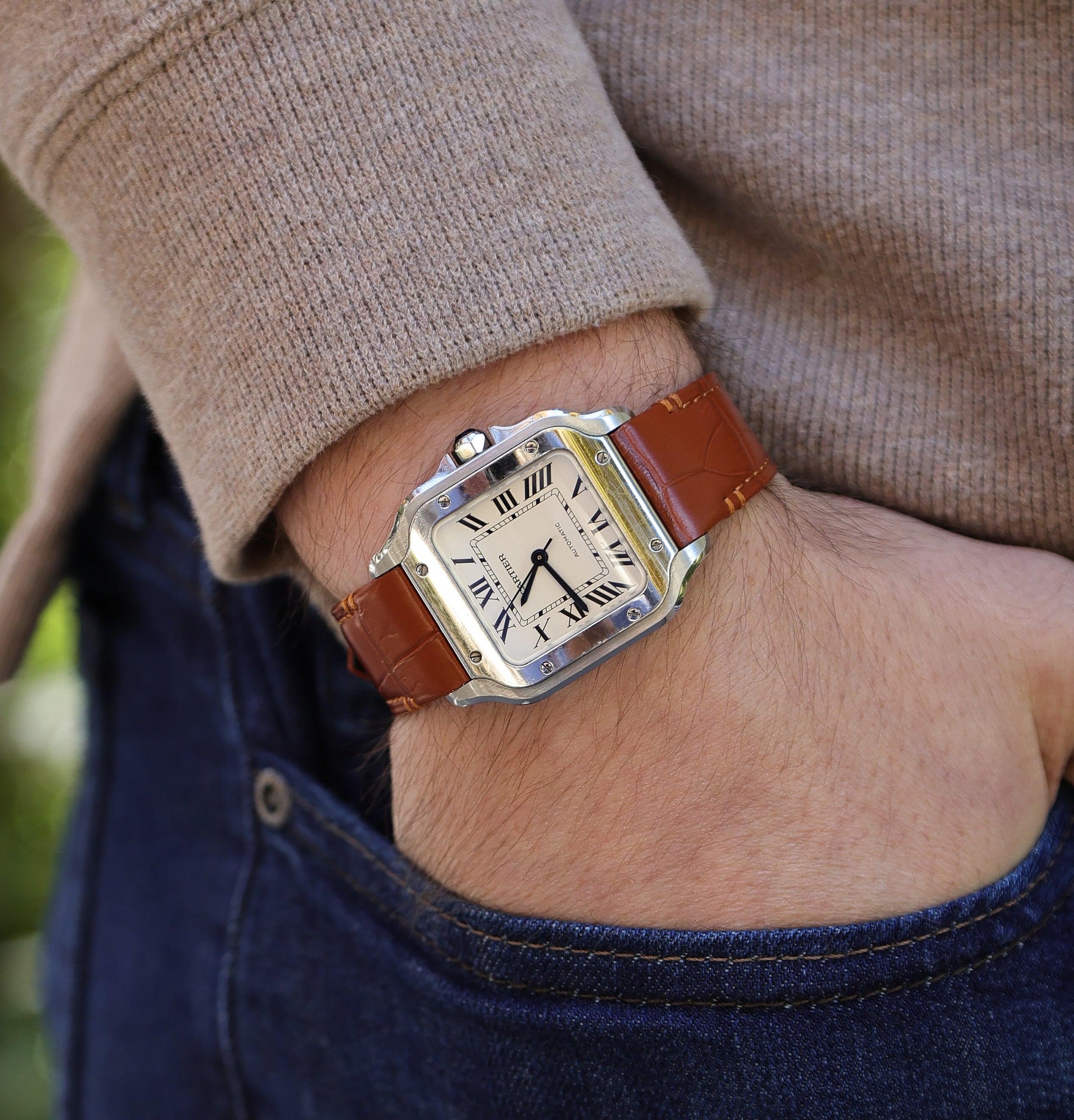 Hazelnut Brown Alligator Leather Watch Strap For Cartier Santos