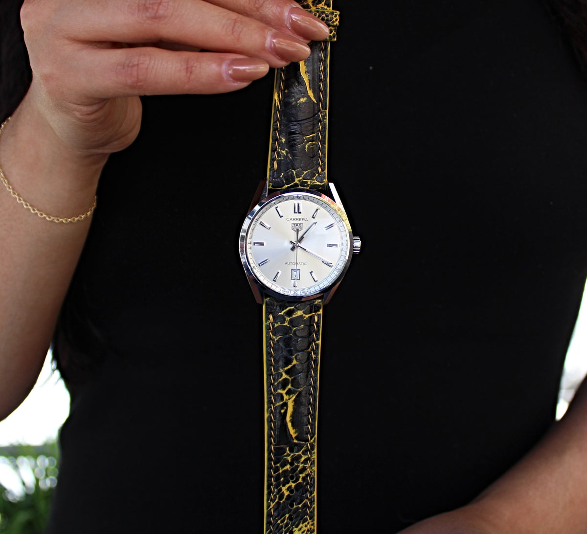 Black and Yellow Ostrich Shin Leather Watch Band | WIS Watch Straps