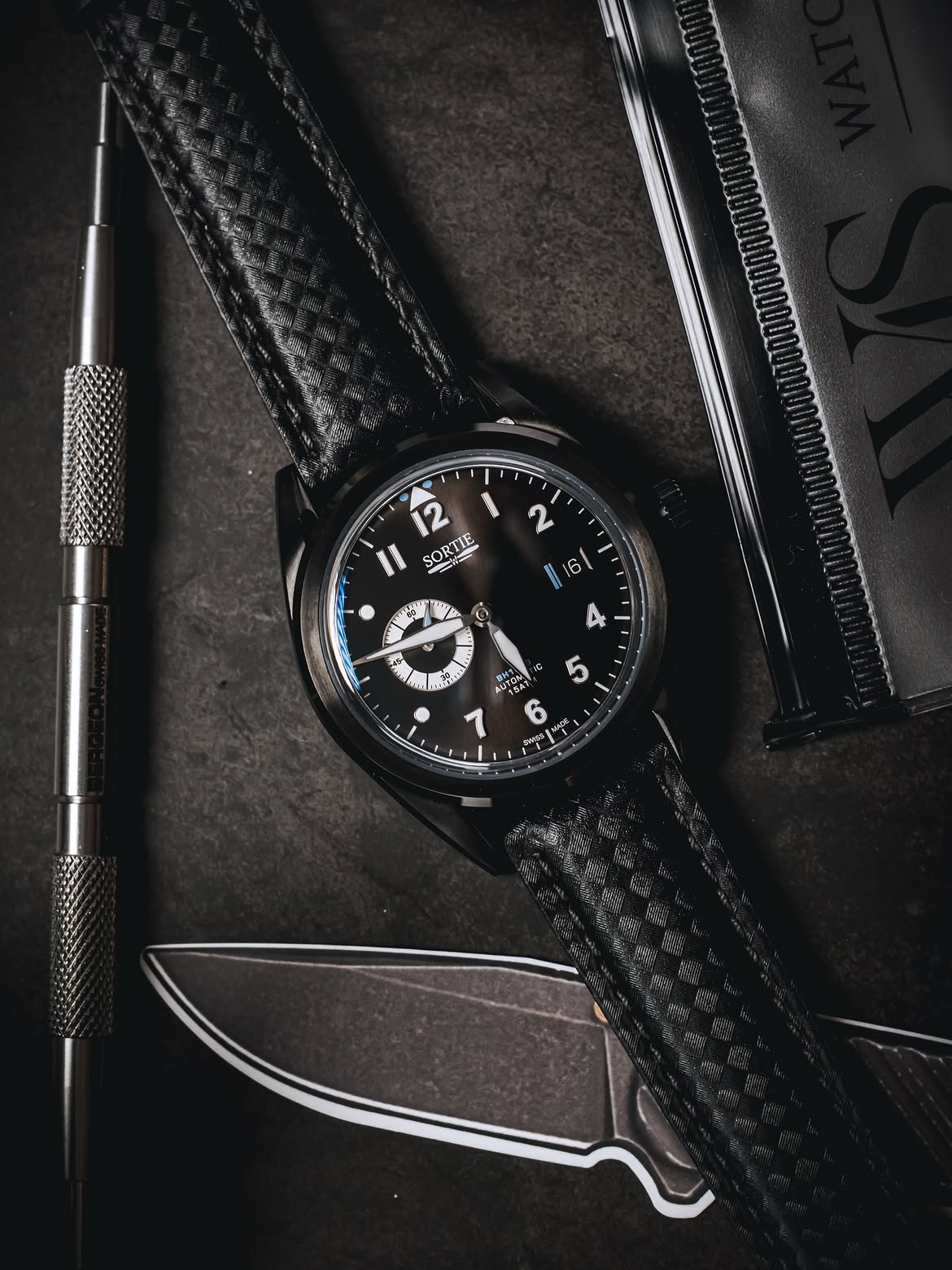 Carbon Fiber Grain Leather Watch Band with Grey Stitching | WIS Watch Straps
