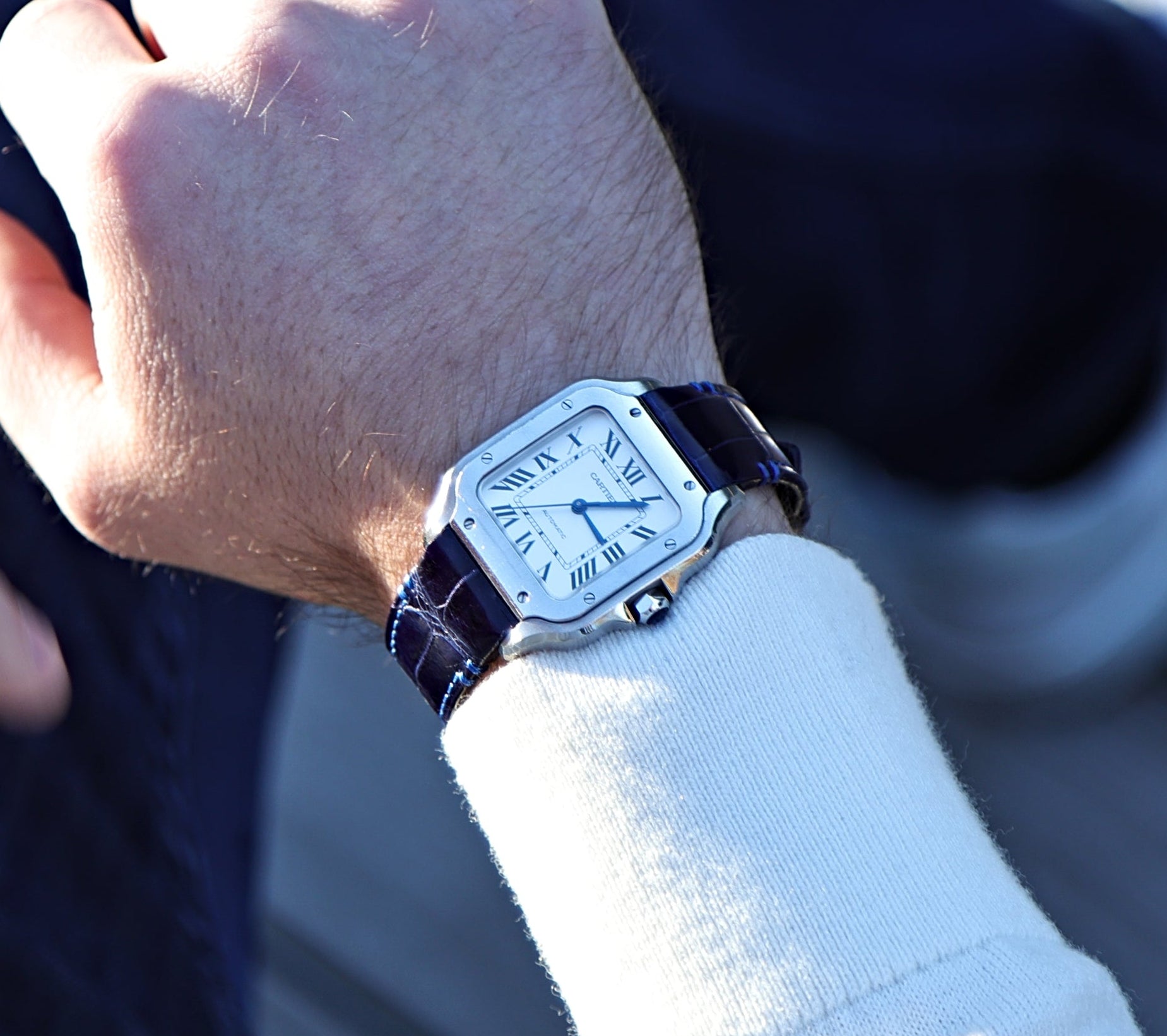 Midnight Blue Crocodile Leather Watch Strap For Cartier Santos
