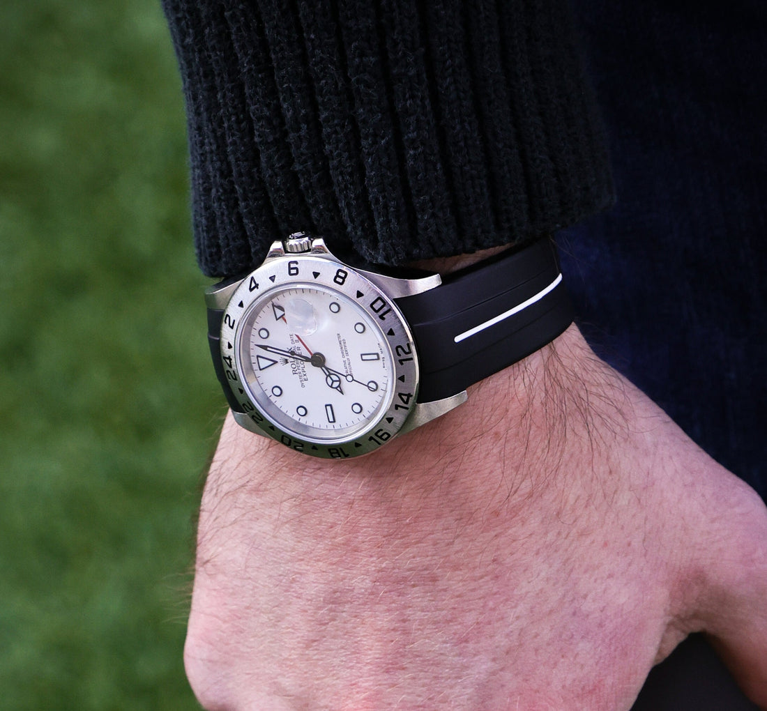 Black Rubber Watch Strap with White Stripe | WIS Watch Straps