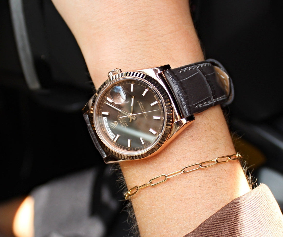 Grey Alligator Leather WIS Watch Strap on Gold Rolex