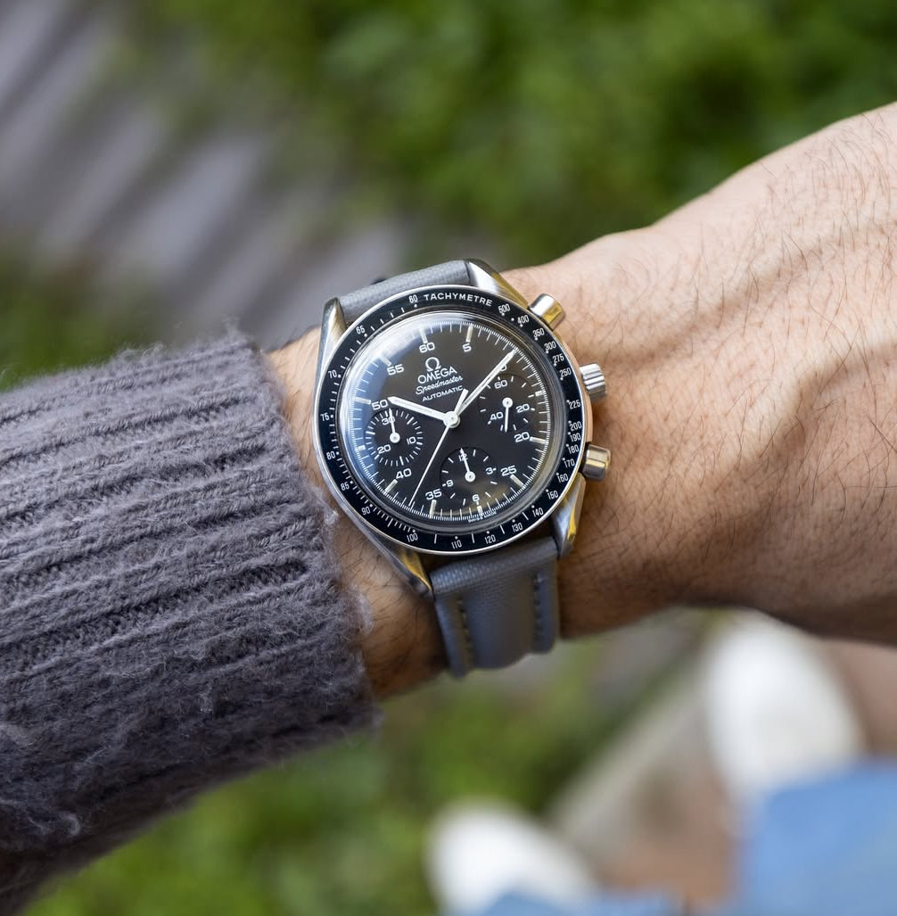 Grey Sailcloth Quick Release WIS Watch Strap on Omega Speedmaster