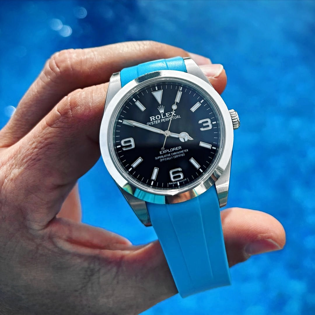 Miami Blue Integrated Rubber Watch Band on Rolex Explorer | WIS Watch Straps