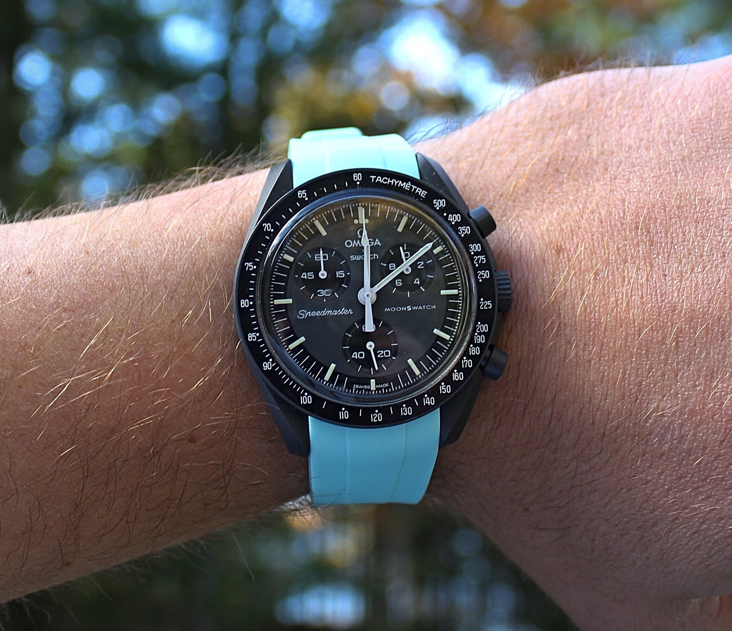 Blue Integrated Rubber Watch Band on Omega MoonSwatch | WIS Watch Straps