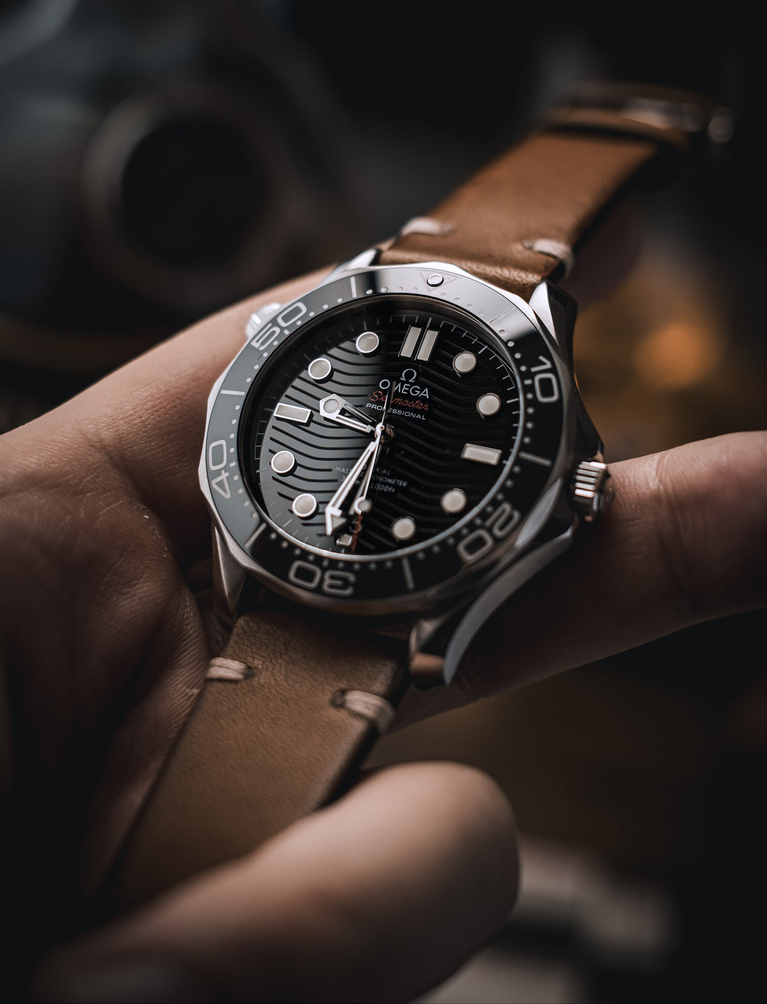 Omega Seamaster on Brown Leather Stitched Watch Band | WIS Watch Straps
