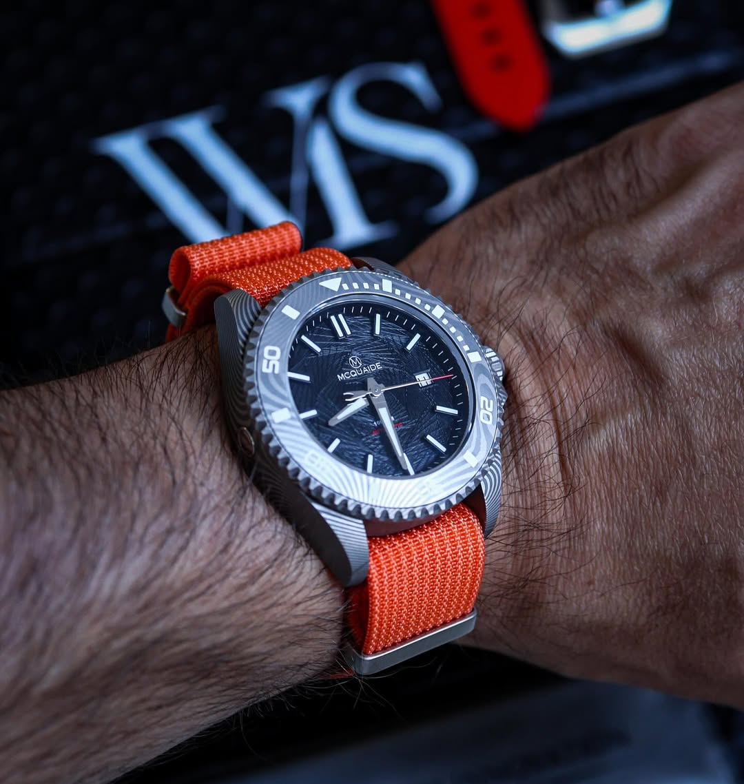 Orange Woven Nylon WIS Watch Strap on McQuade Timepiece