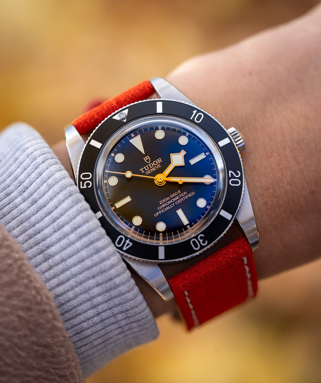 Red Suede Leather WIS Watch Straps on Tudor Black Bay