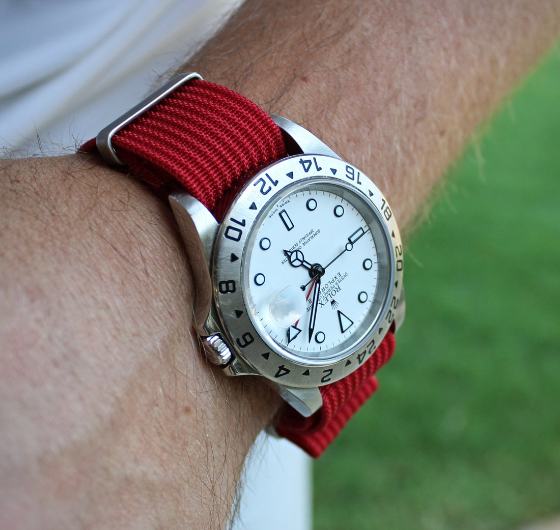 Red Woven Nylon Watch Band on Rolex Explorer | WIS Watch Straps