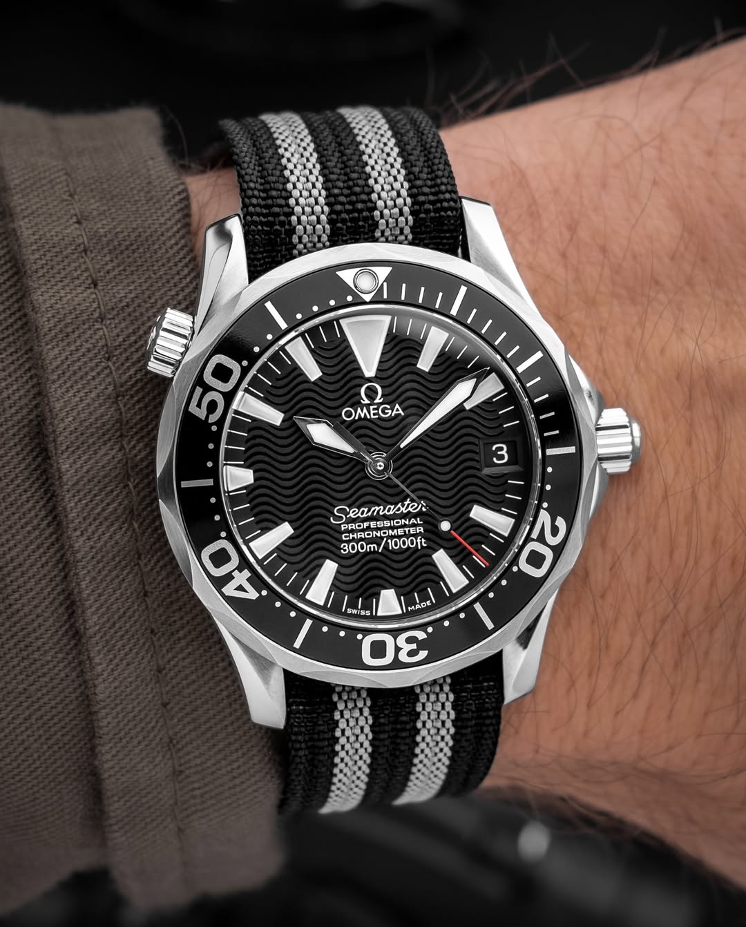 Black Woven Nylon Watch Strap with Grey Stripes | WIS Watch Straps