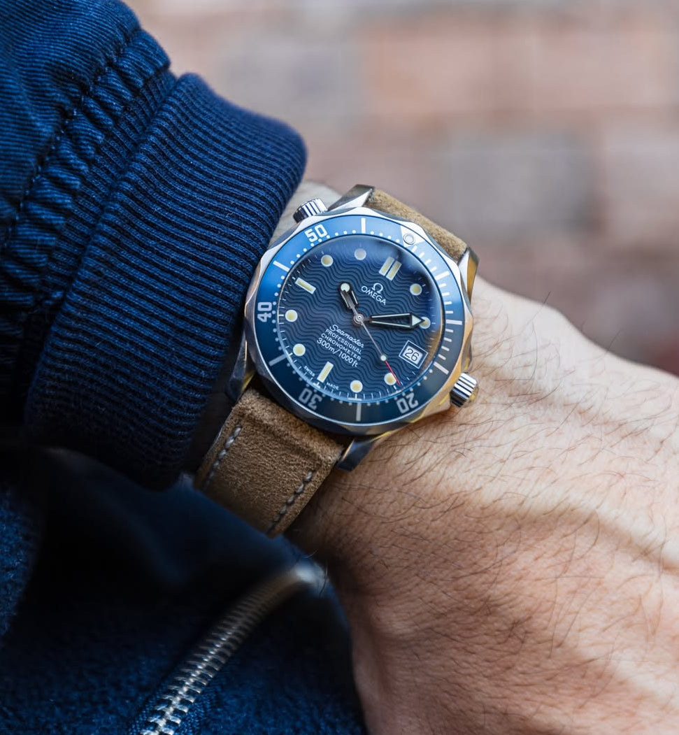 Omega Seamaster on Tan Suede Leather Watch Band | WIS Watch Straps