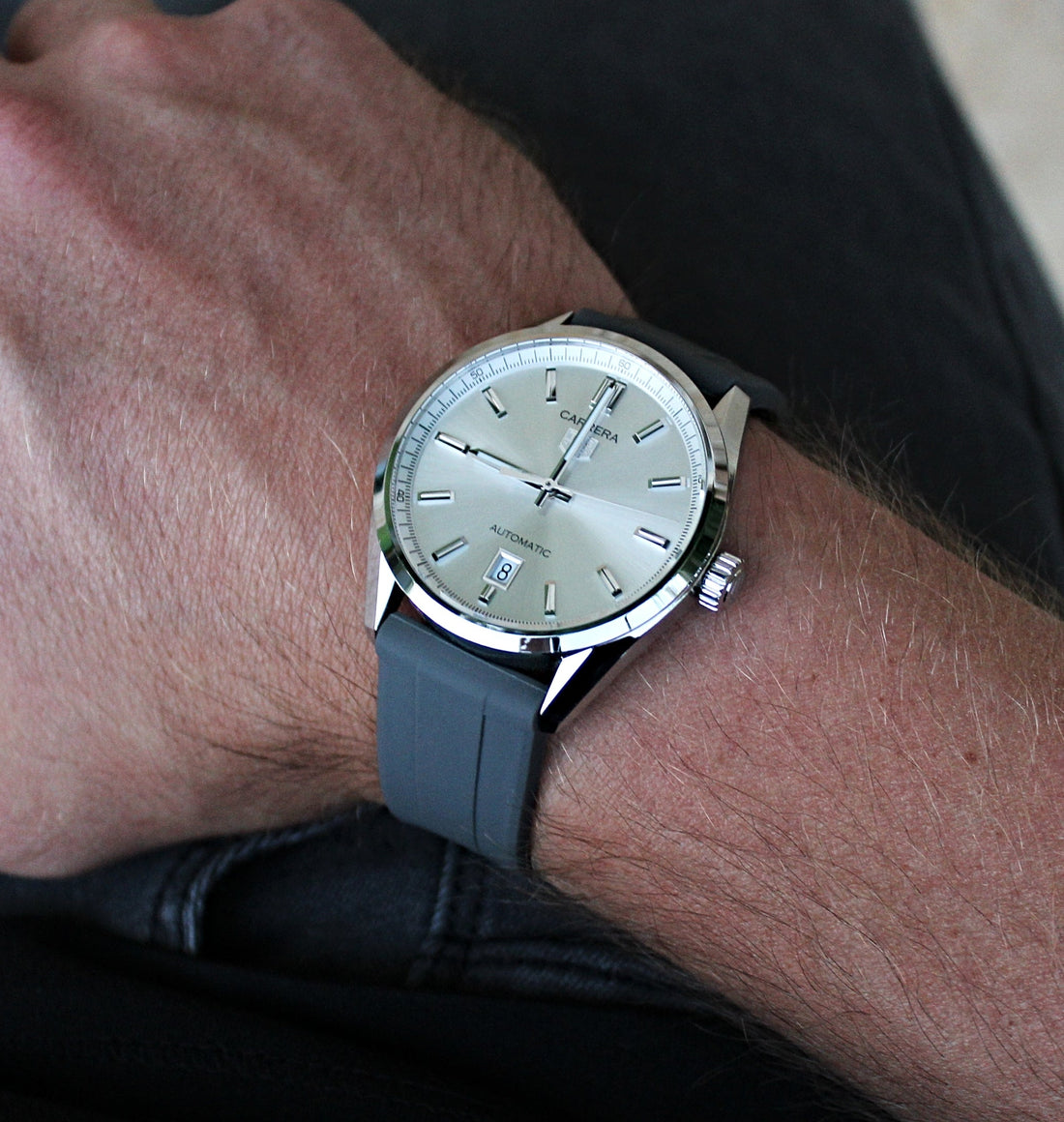 Grey Rubber Quick Release Watch Band on TAG Heuer Carrera | WIS Watch Straps