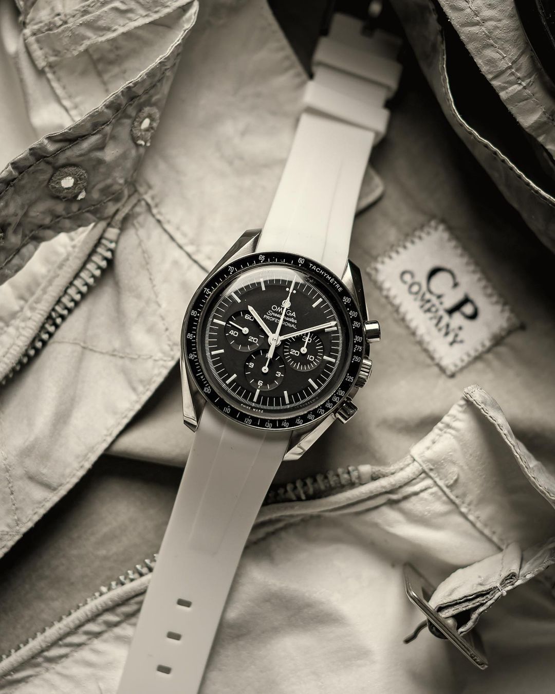 White Integrated Rubber WIS Watch Strap on Omega Speedmaster