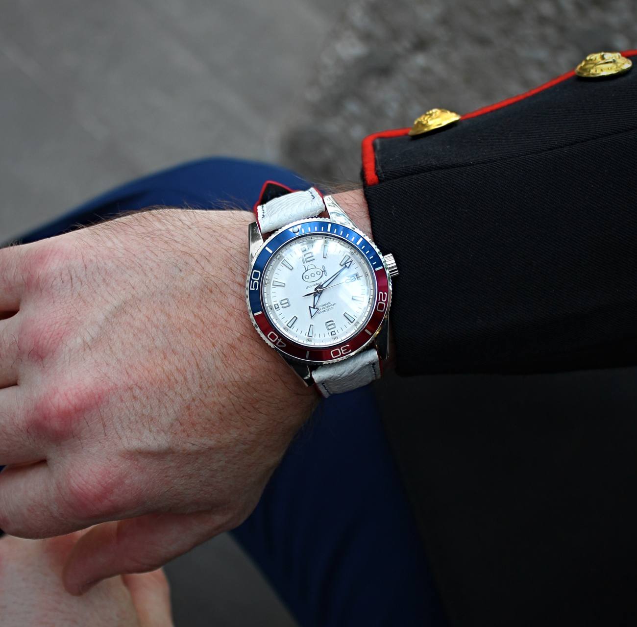 America 250 SS-1 red, white and blue ostrich leather strap on dress uniform