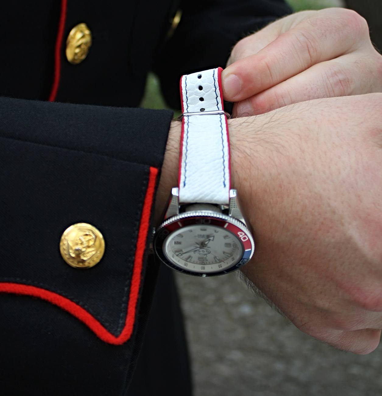 America 250 SS-1 strap detail, white ostrich leather with red edge