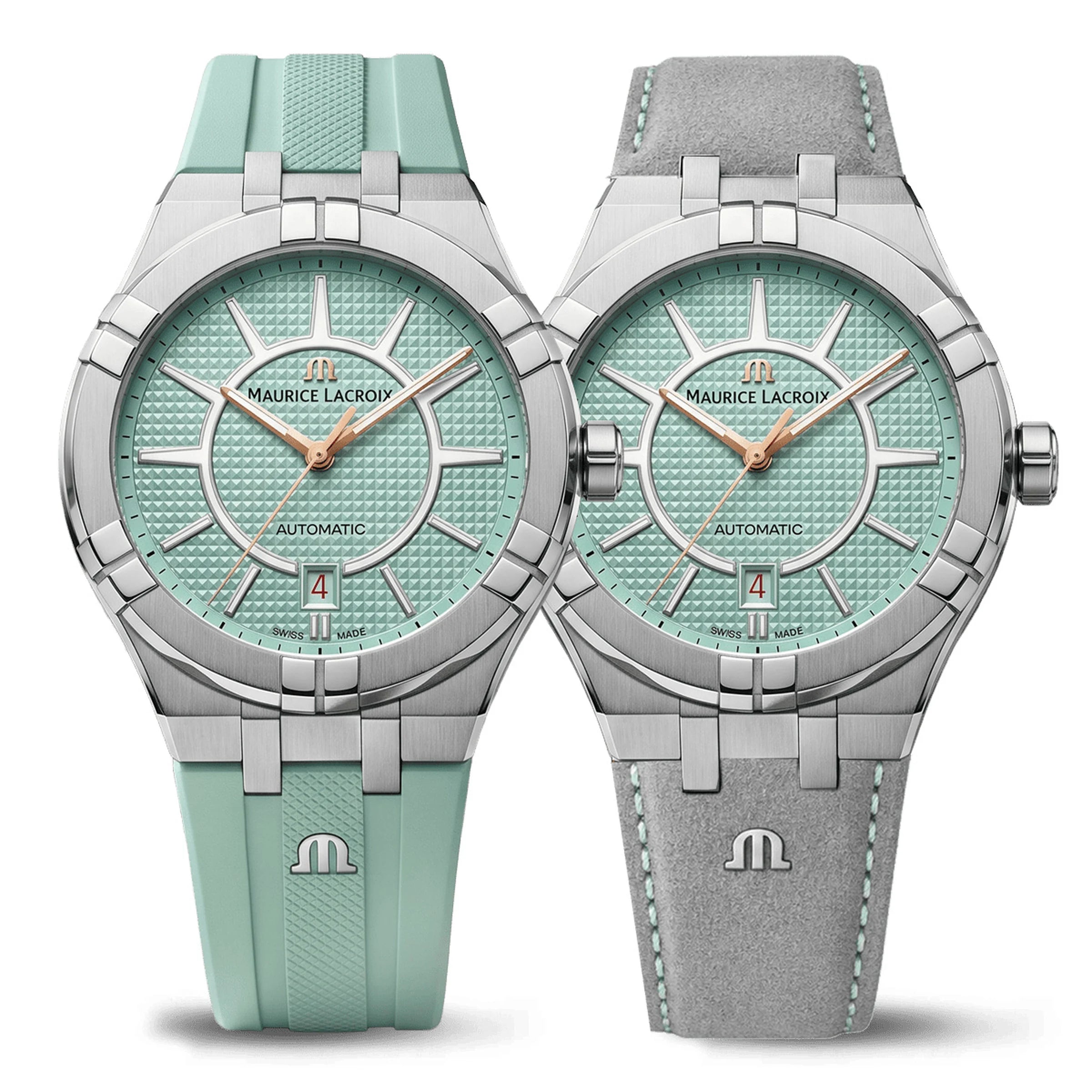 AIKON Liberty shown on the grey buffalo leather strap and the Bartholdi Green rubber strap