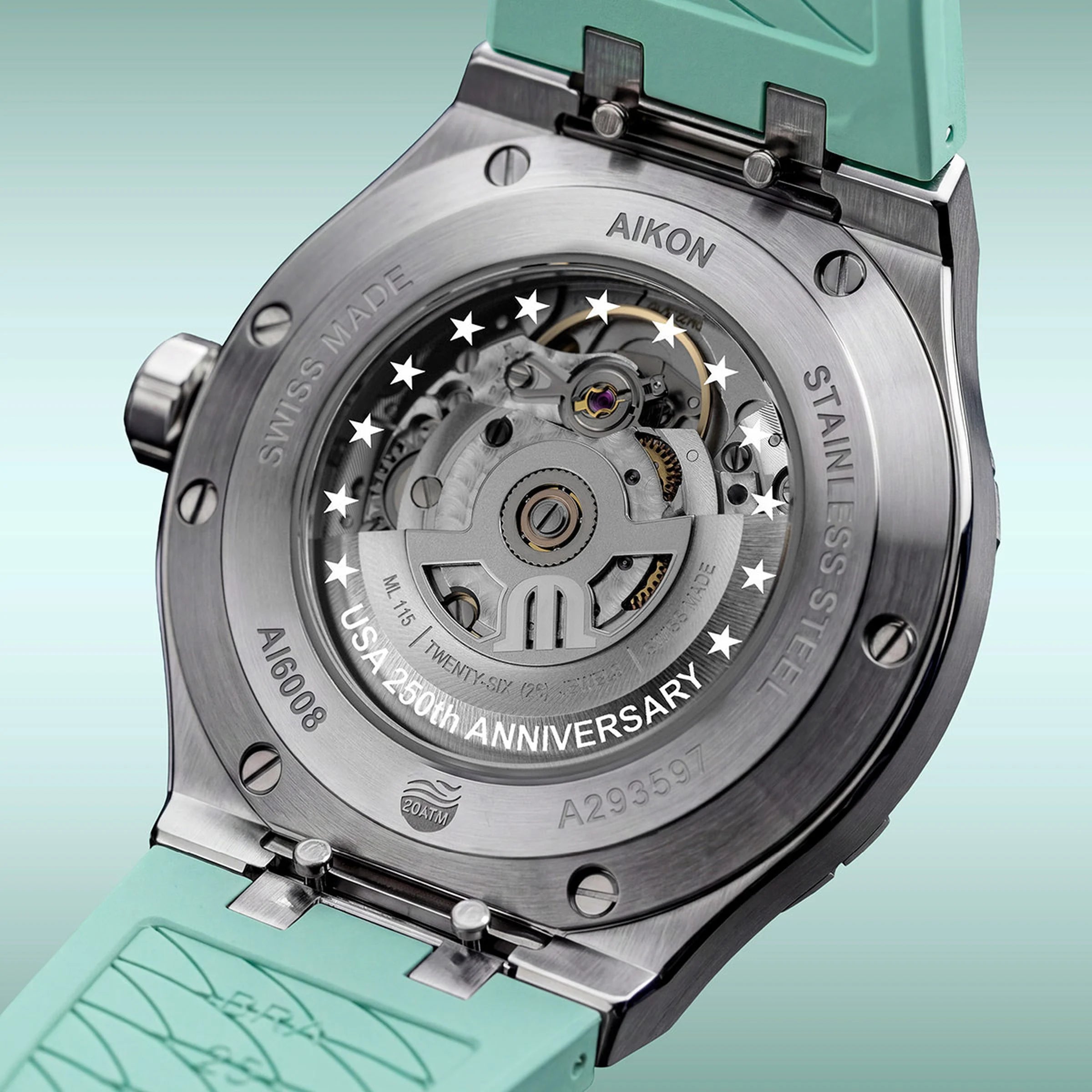 AIKON Liberty caseback with 13 engraved stars and USA 250th Anniversary marking