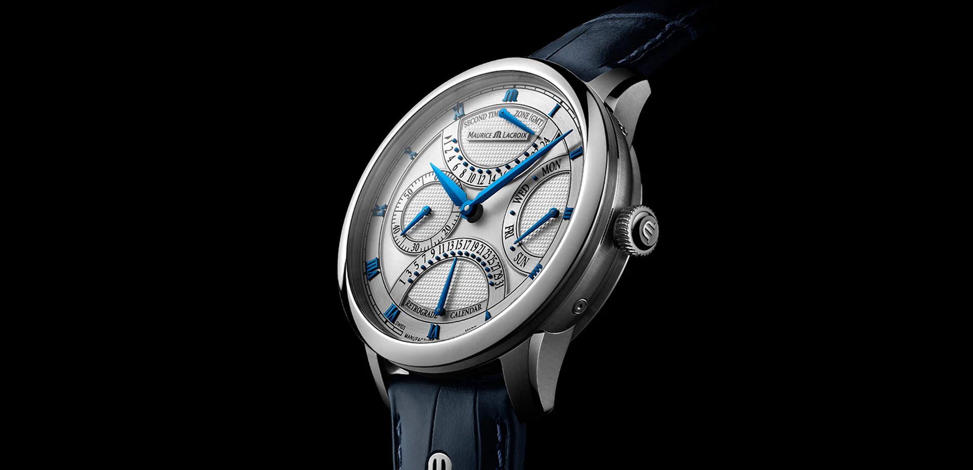Maurice Lacroix Masterpiece retrograde on a blue leather strap