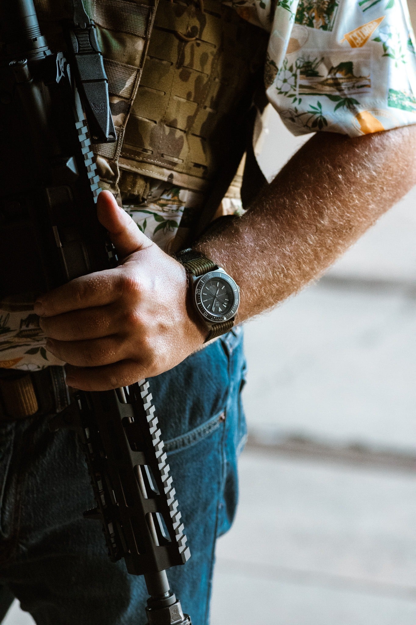 Tin Can Timepieces SWCS watch on olive nylon strap during night operations